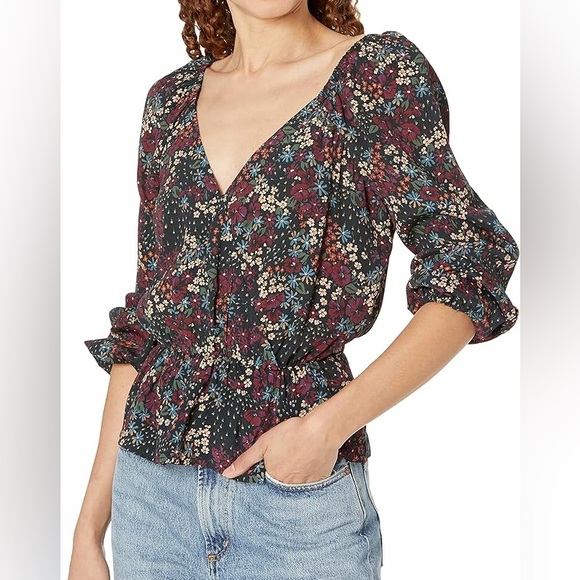 PAIGE Floral Faux Wrap Peplum Blouse Sweetheart Neck Size Large - Picture 4 of 13